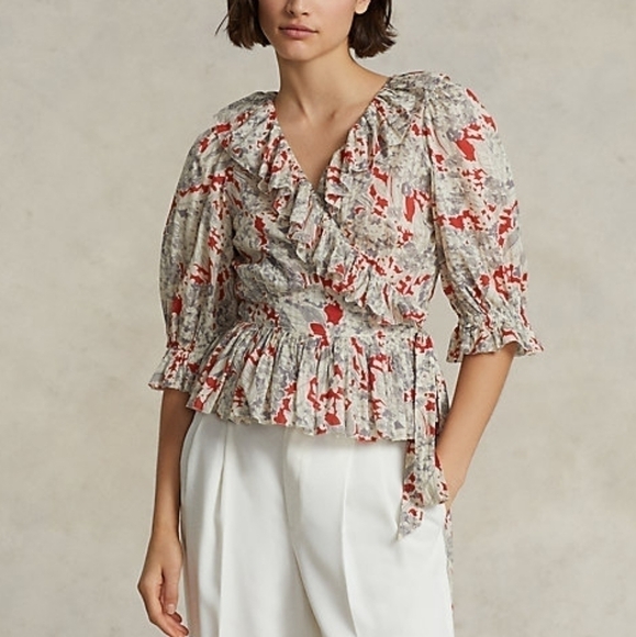 Polo Ralph Lauren Tops - Polo Ralph Lauren Ruffled‎ Floral Cotton Wrap Top Size XXS NWT
